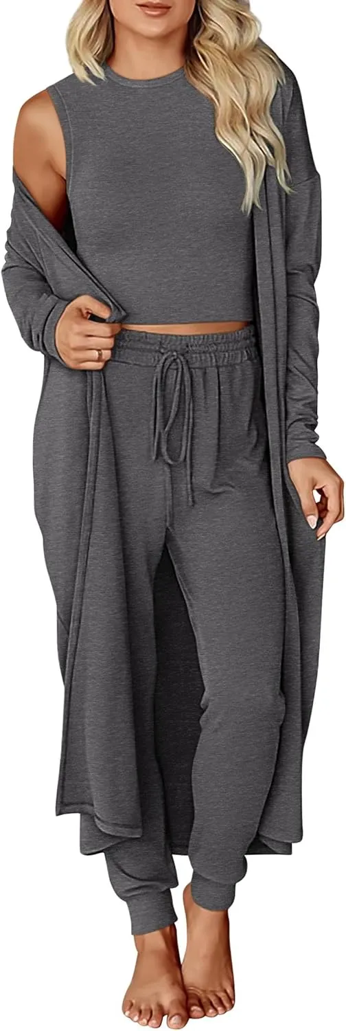 KIRUNDO Women Spring 3 Piece Outfits Casual Fall Long Sleeve Long Cardigan Sleeveless Crop Top Drawstring Pants Lounge Sets