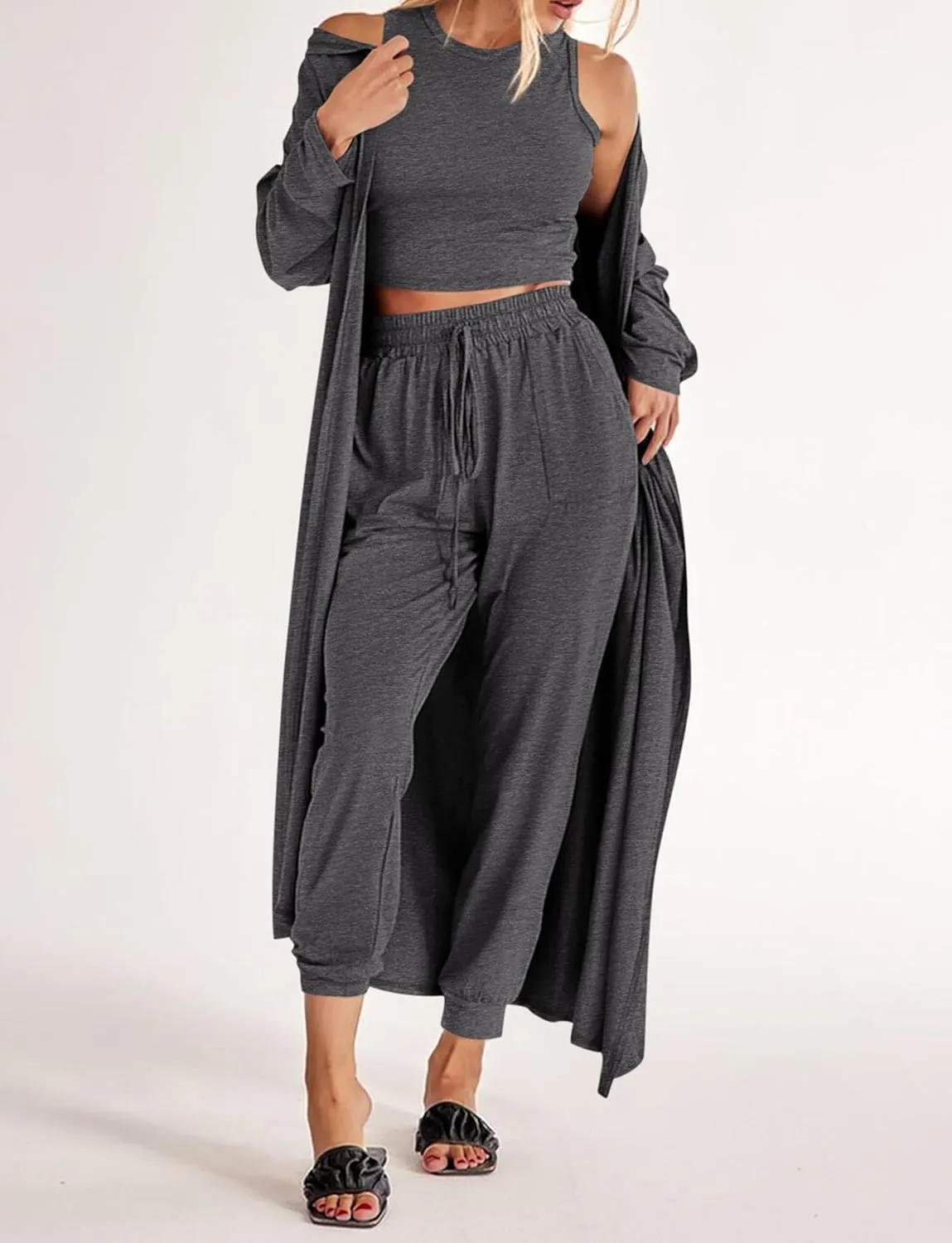 KIRUNDO Women Spring 3 Piece Outfits Casual Fall Long Sleeve Long Cardigan Sleeveless Crop Top Drawstring Pants Lounge Sets