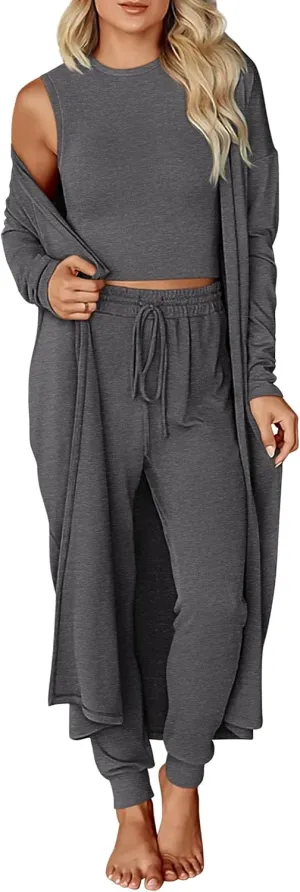 KIRUNDO Women Spring 3 Piece Outfits Casual Fall Long Sleeve Long Cardigan Sleeveless Crop Top Drawstring Pants Lounge Sets