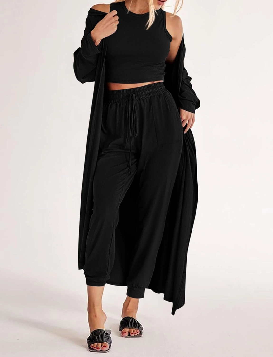 KIRUNDO 3 Piece Lounge Sets for Women Airplane Travel Outfits Casual Cardigan Sleeveless Top Pants Sets Matching Clothing