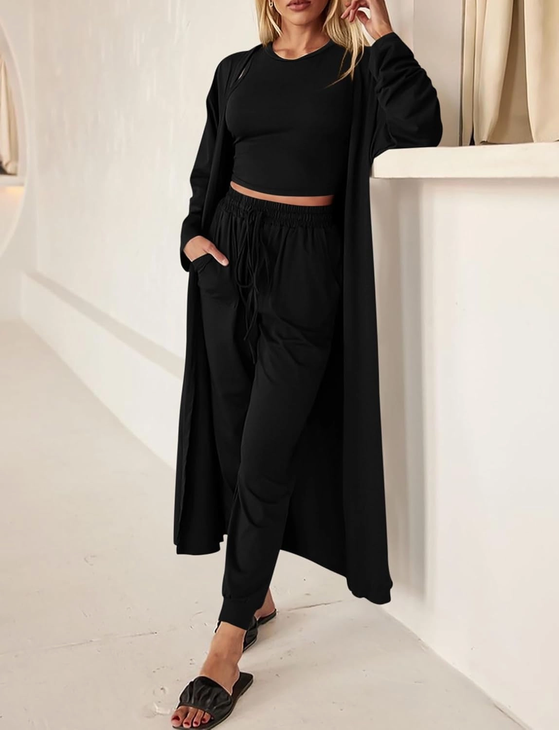 KIRUNDO 3 Piece Lounge Sets for Women Airplane Travel Outfits Casual Cardigan Sleeveless Top Pants Sets Matching Clothing