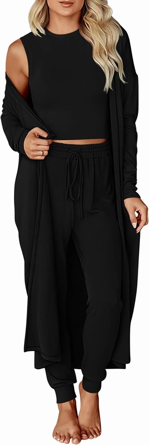 KIRUNDO 3 Piece Lounge Sets for Women Airplane Travel Outfits Casual Cardigan Sleeveless Top Pants Sets Matching Clothing
