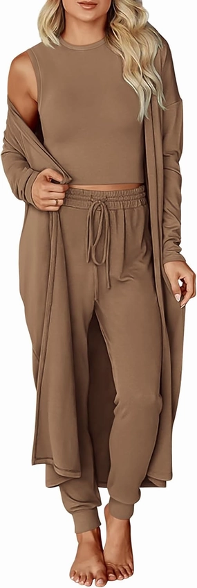 KIRUNDO Women Spring 3 Piece Outfits Casual Fall Long Sleeve Long Cardigan Sleeveless Crop Top Drawstring Pants Lounge Sets