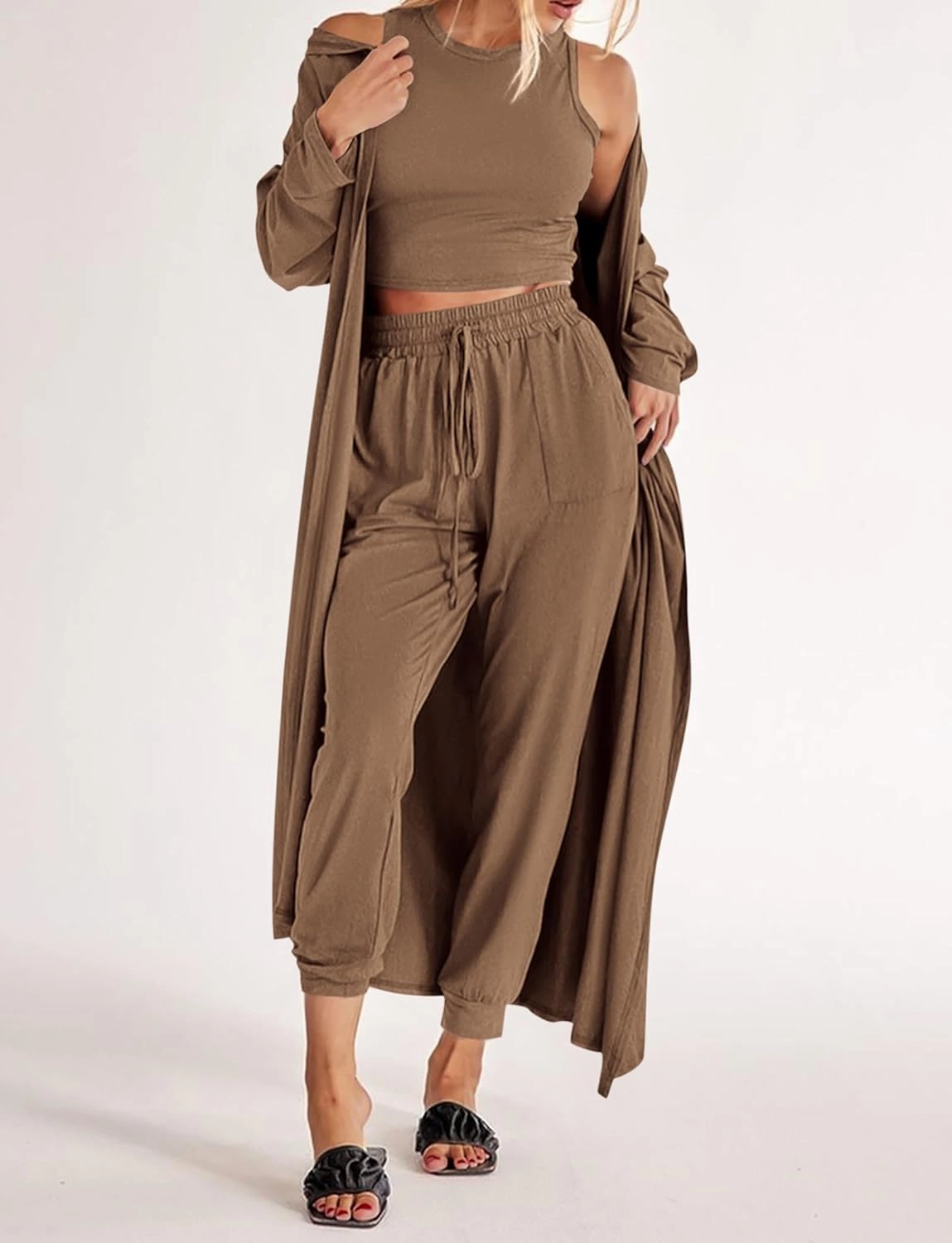 KIRUNDO Women Spring 3 Piece Outfits Casual Fall Long Sleeve Long Cardigan Sleeveless Crop Top Drawstring Pants Lounge Sets