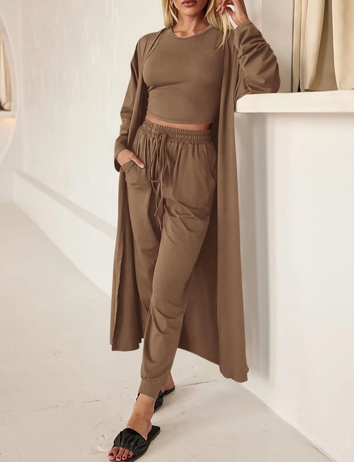 KIRUNDO Women Spring 3 Piece Outfits Casual Fall Long Sleeve Long Cardigan Sleeveless Crop Top Drawstring Pants Lounge Sets