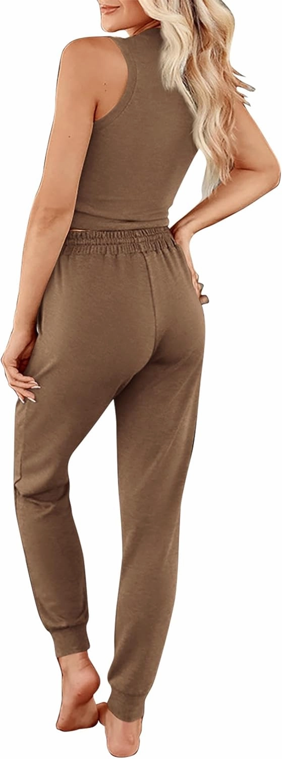 KIRUNDO Women Spring 3 Piece Outfits Casual Fall Long Sleeve Long Cardigan Sleeveless Crop Top Drawstring Pants Lounge Sets