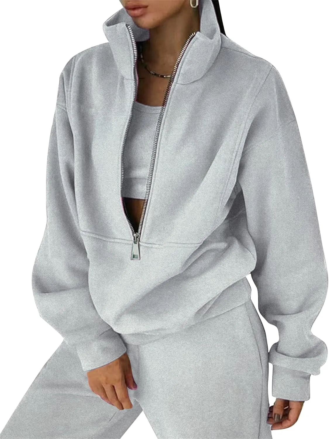 Kissonic Womens Fleece 2 Piece Outfits Sweatsuit Half Zip Pullover Sweatshirt Joggers Pants Tracksuit Set