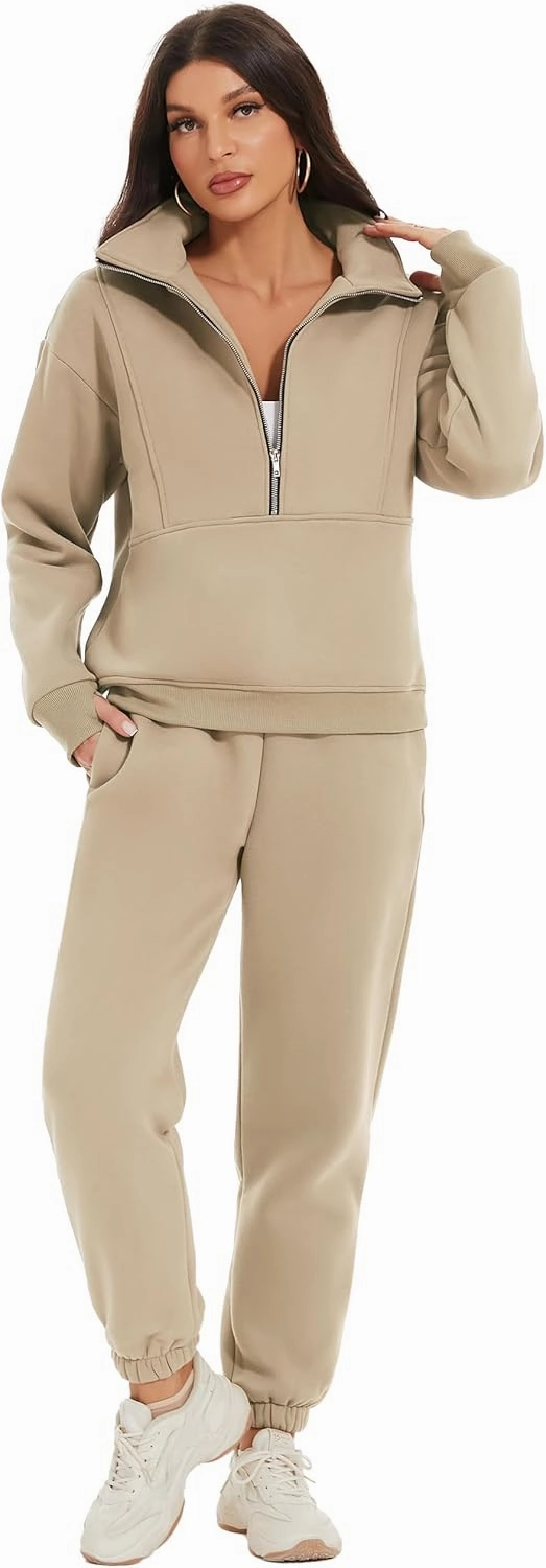 Kissonic Womens Fleece 2 Piece Outfits Sweatsuit Half Zip Pullover Sweatshirt Joggers Pants Tracksuit Set