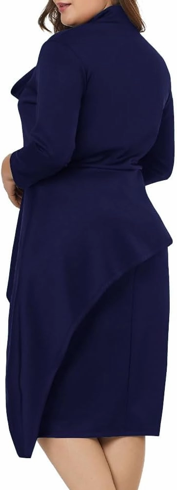 LALAGEN Women's Plus Size Long Sleeve Peplum Tie Neck Bodycon Pencil Midi Dress
