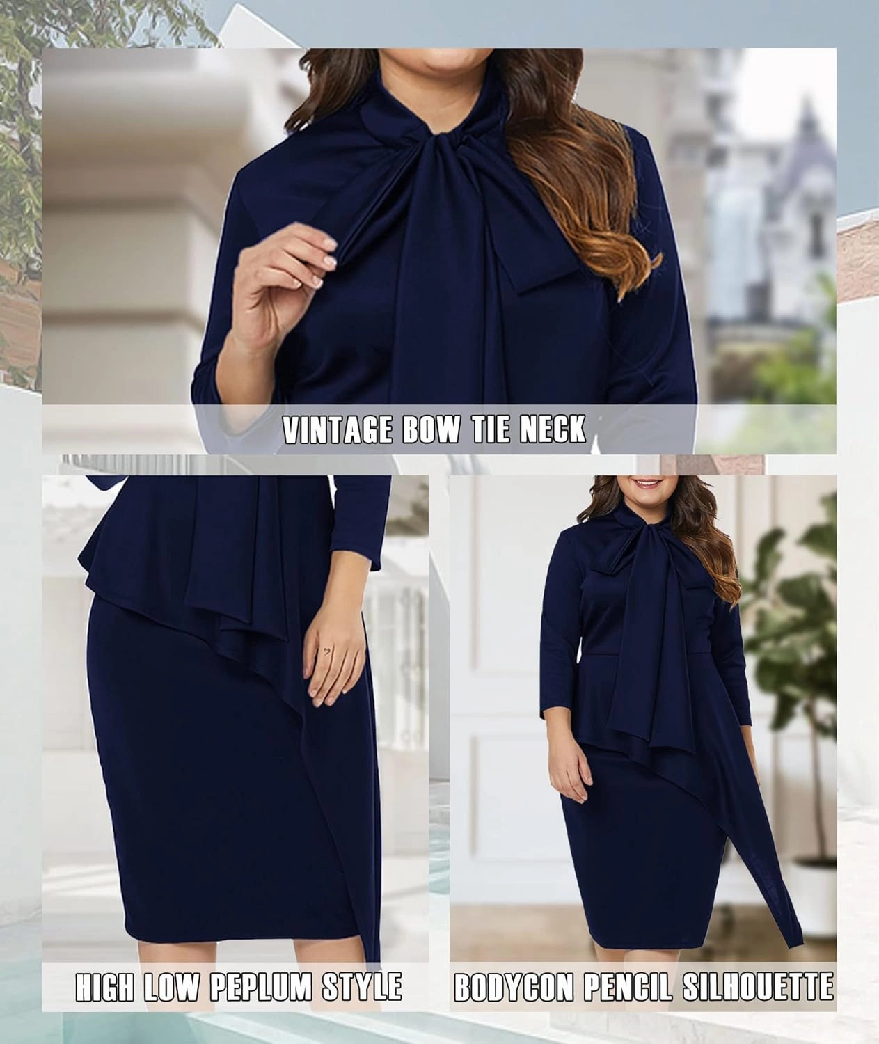 LALAGEN Women's Plus Size Long Sleeve Peplum Tie Neck Bodycon Pencil Midi Dress