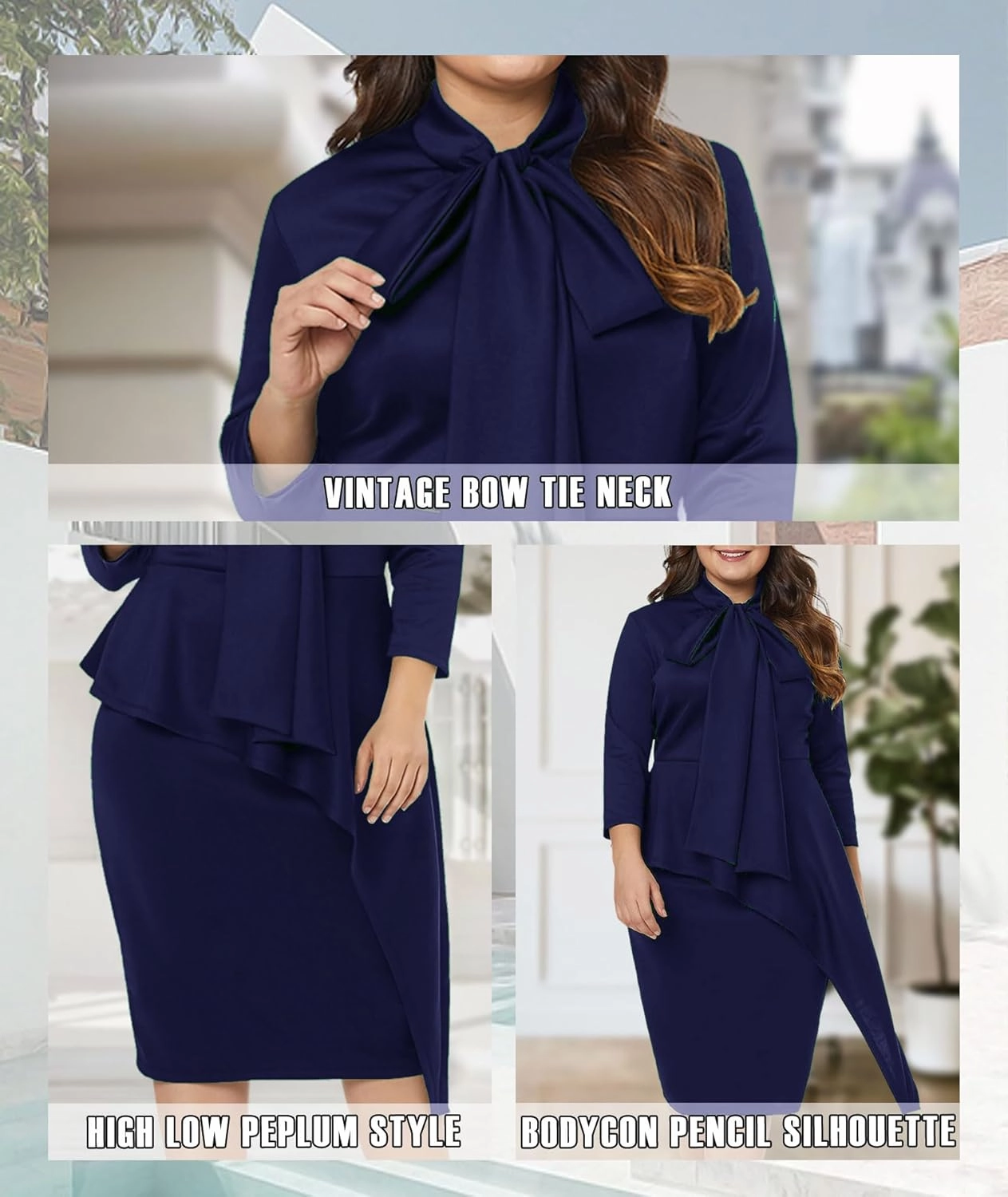 LALAGEN Women's Plus Size Long Sleeve Peplum Tie Neck Bodycon Pencil Midi Dress