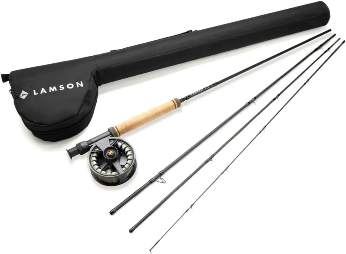LAMSON | Liquid Combo Fly Fishing Rod and Reel Pre Spooled | Cordura Travel Tube & Padded Reel Case | U.S. Made Fly line | Medium Fast Action 9 Foot 4-Piece | 5wt   8wt with Fighting Butt