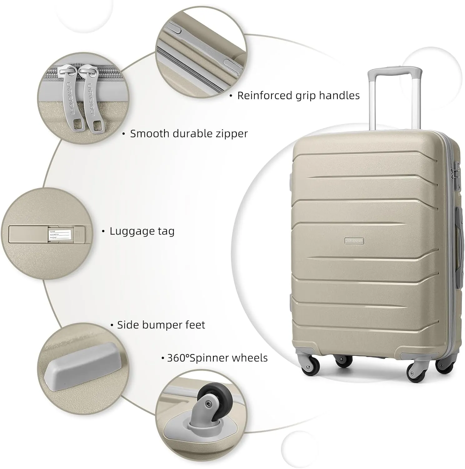LARVENDER Luggage Sets 5 Piece, Expandable Luggage Hardside PP Suitcase Sets with Spinner Wheels TSA Lock, Lightweight Rolling Suitcase for Men and Women,Sand Grey