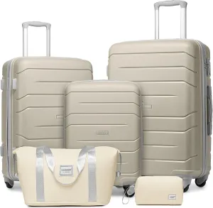 LARVENDER Luggage Sets 5 Piece, Expandable Luggage Hardside PP Suitcase Sets with Spinner Wheels TSA Lock, Lightweight Rolling Suitcase for Men and Women,Sand Grey