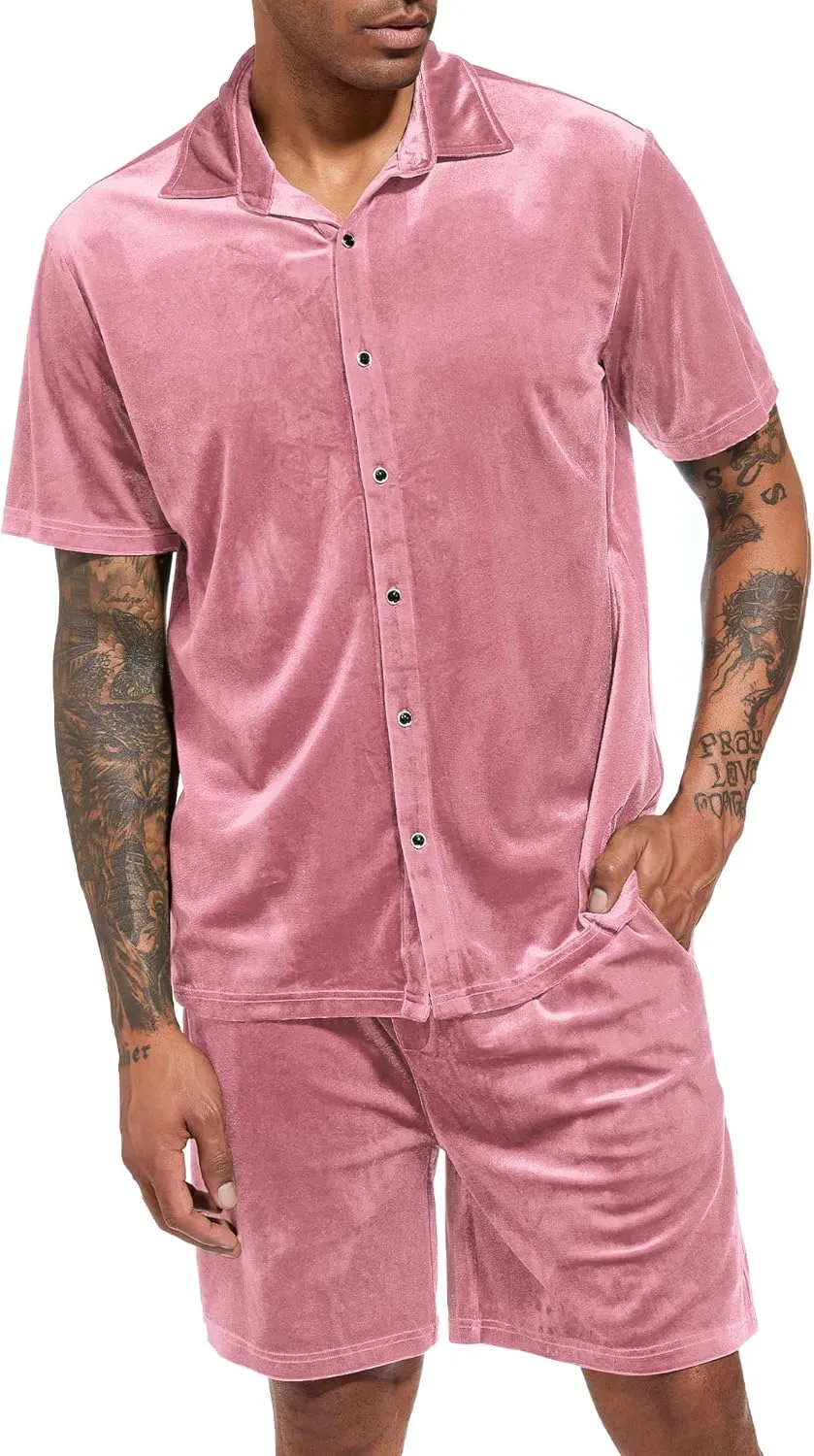 LecGee Men Summer Casual Short Sets Velvet Short Sleeve Button Down Shirt Elastic Waist Shorts 2 Piece Outfits Tracksuit