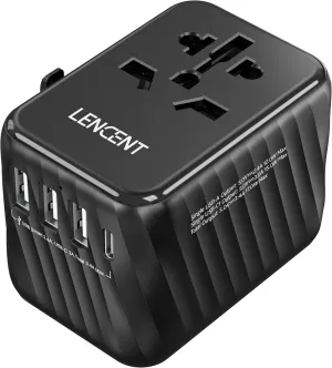 LENCENT Universal Travel Power Adapter, International AC Plug Adaptor with 3 USB A Ports 1 Type C PD Wall Charger Worldwide Travel Essentials for US to EU UK Ireland Australia (Type C/G/A/I) Black