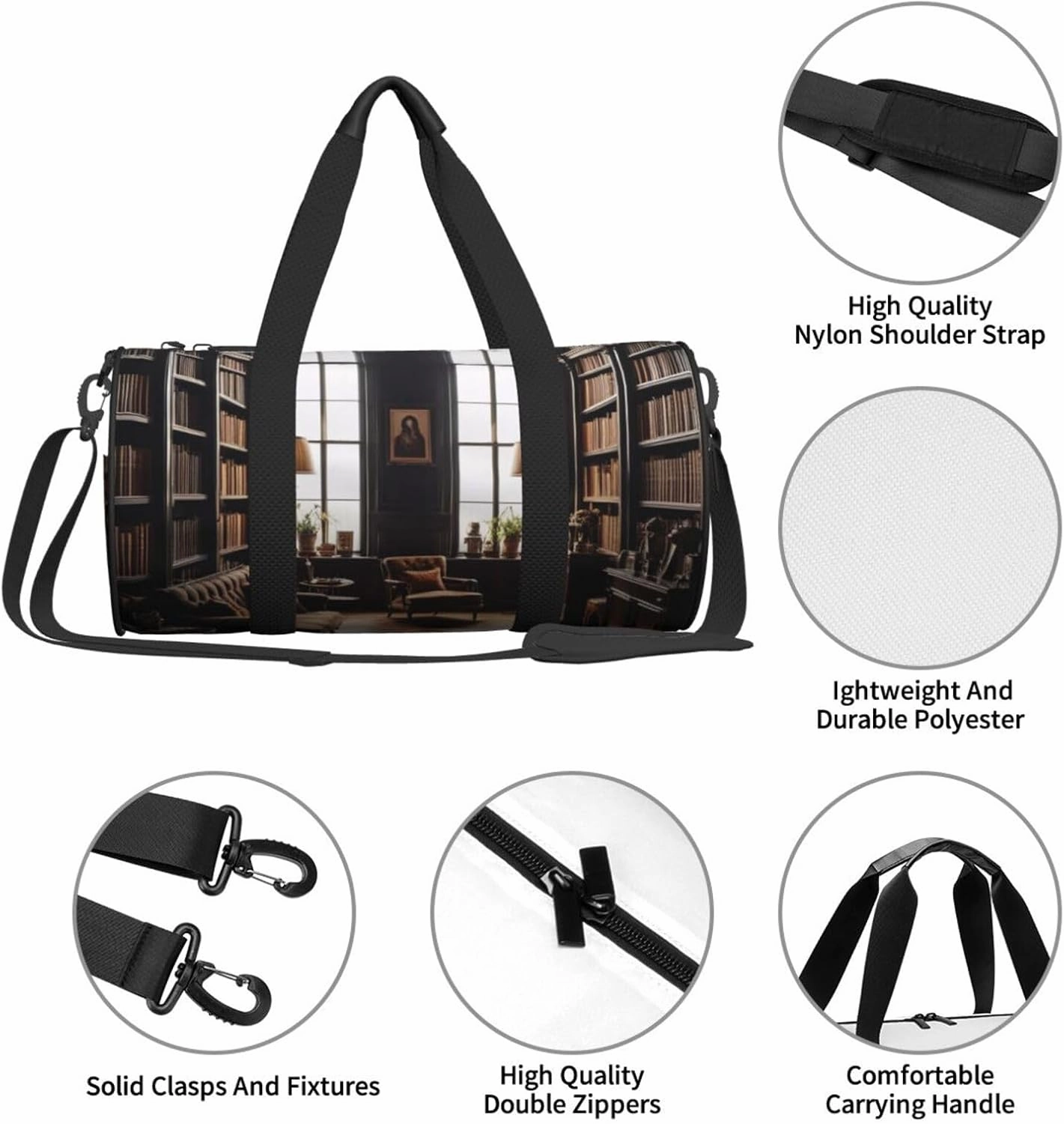 Library Bookshelf Book Printed Travel Bag,Round Personal Item Storage bag,Foldie Duffel Bag for Traveling Vacation,Fitness,Sports