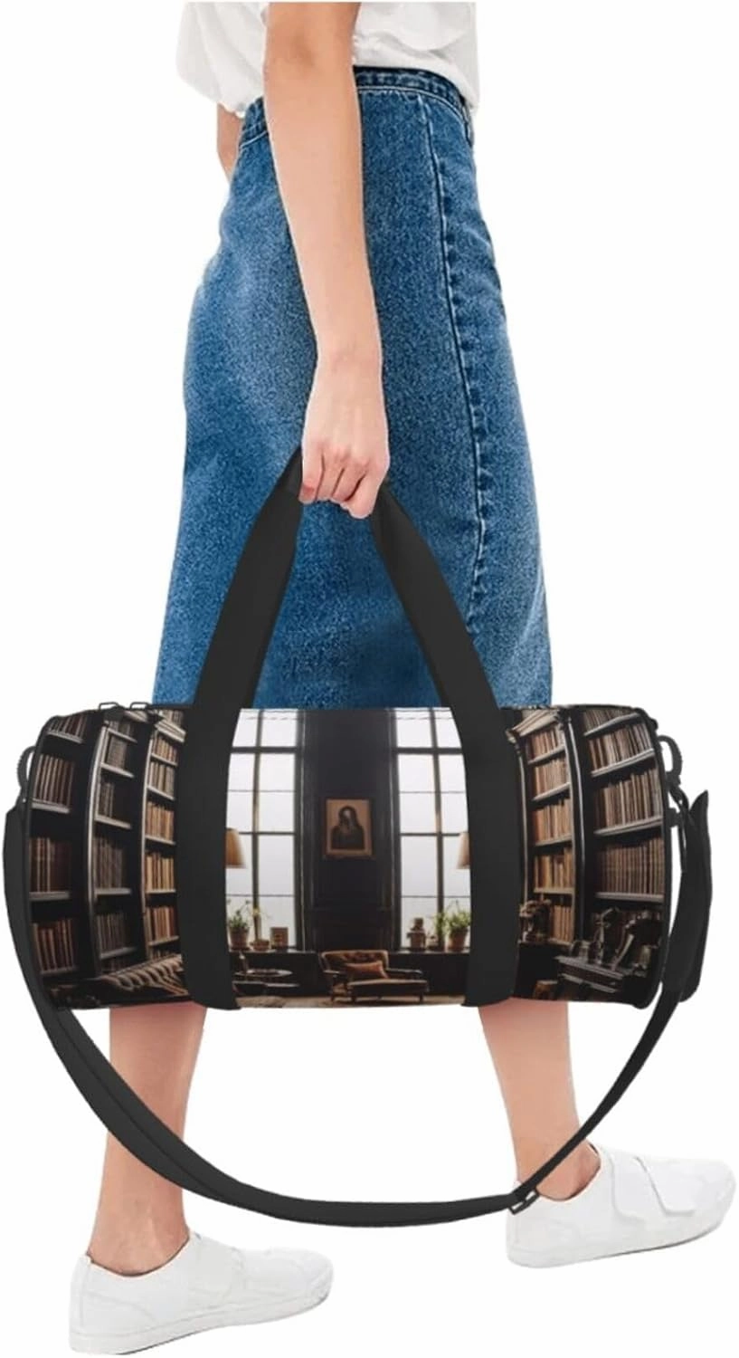 Library Bookshelf Book Printed Travel Bag,Round Personal Item Storage bag,Foldie Duffel Bag for Traveling Vacation,Fitness,Sports