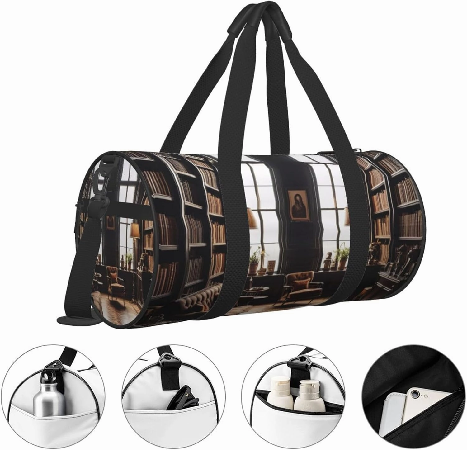Library Bookshelf Book Printed Travel Bag,Round Personal Item Storage bag,Foldie Duffel Bag for Traveling Vacation,Fitness,Sports