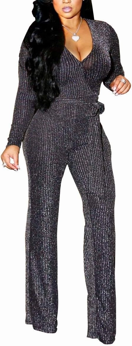 LightlyKiss Women Casual Sexy V Neck Sparkly Jumpsuits Long Sleeve Onesie Loose Pants Party Clubwear with Belt