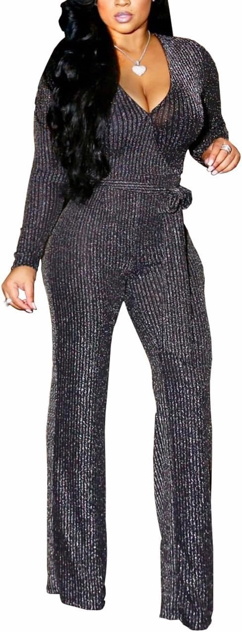 LightlyKiss Women Casual Sexy V Neck Sparkly Jumpsuits Long Sleeve Onesie Loose Pants Party Clubwear with Belt