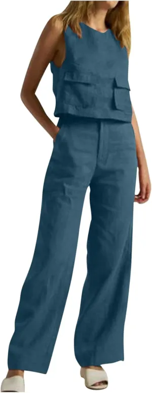Linen 2 Piece Sets For Women Summer Beach Vacation Outfits 2024 Sleeveless Crop Top Long Pants Tracksuits Matching Set