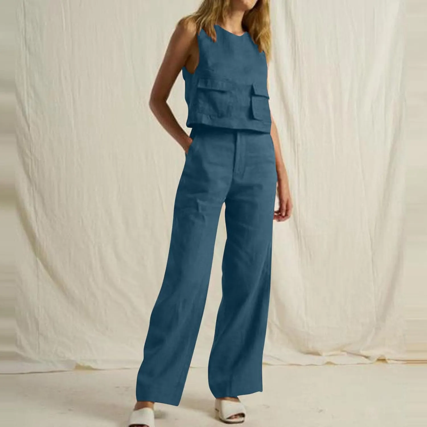 Linen 2 Piece Sets For Women Summer Beach Vacation Outfits 2024 Sleeveless Crop Top Long Pants Tracksuits Matching Set