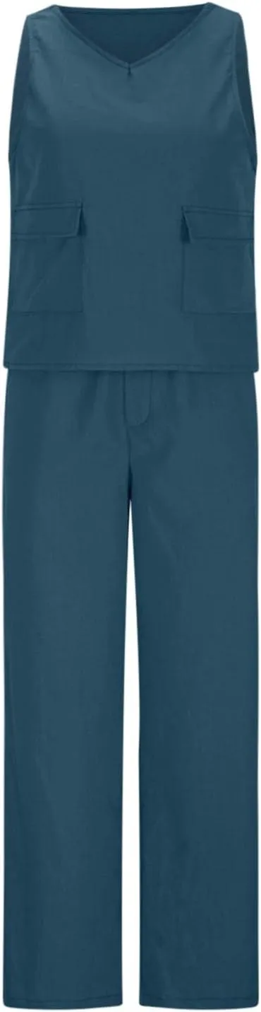 Linen 2 Piece Sets For Women Summer Beach Vacation Outfits 2024 Sleeveless Crop Top Long Pants Tracksuits Matching Set