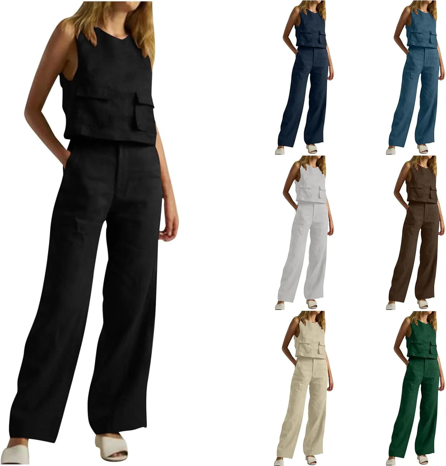 Linen 2 Piece Sets For Women Summer Beach Vacation Outfits 2024 Sleeveless Crop Top Long Pants Tracksuits Matching Set
