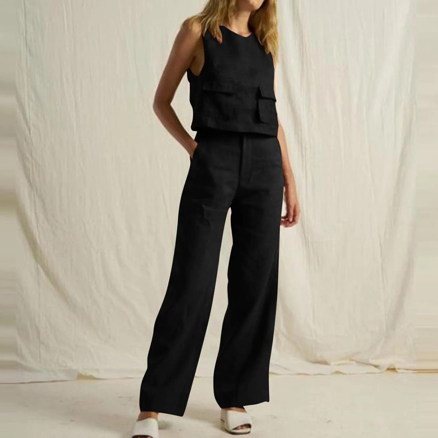 Linen 2 Piece Sets For Women Summer Beach Vacation Outfits 2024 Sleeveless Crop Top Long Pants Tracksuits Matching Set