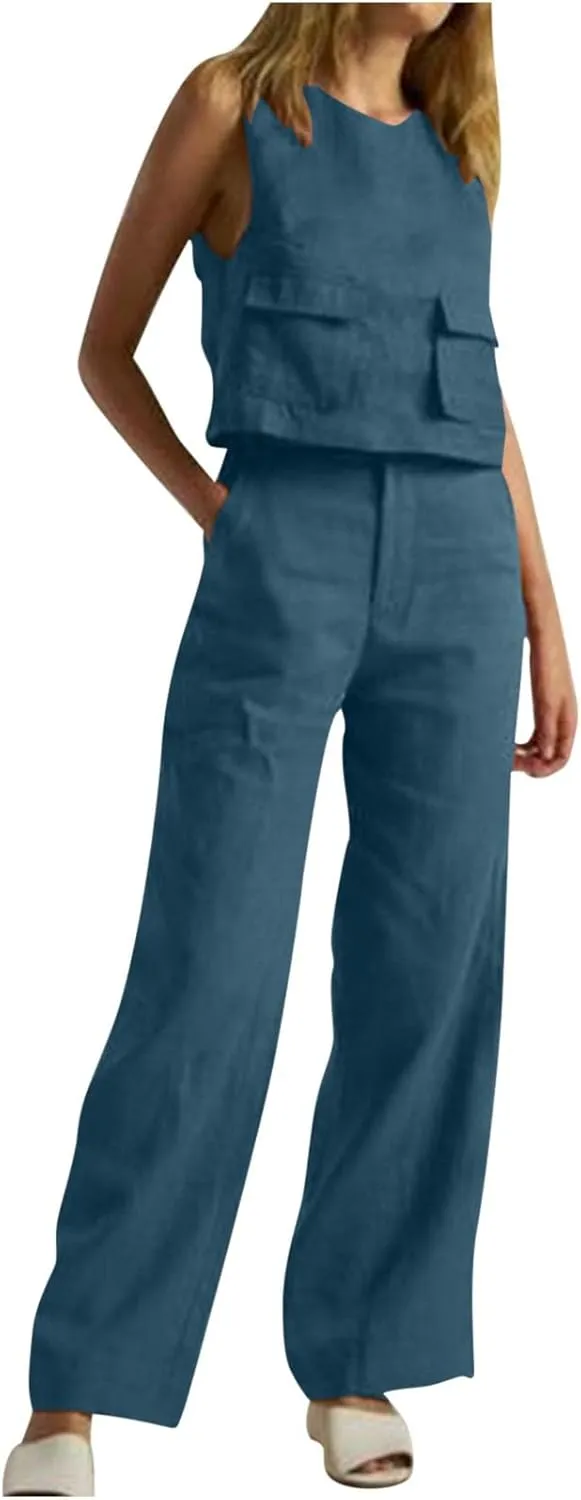 Linen 2 Piece Sets For Women Summer Beach Vacation Outfits 2024 Sleeveless Crop Top Long Pants Tracksuits Matching Set