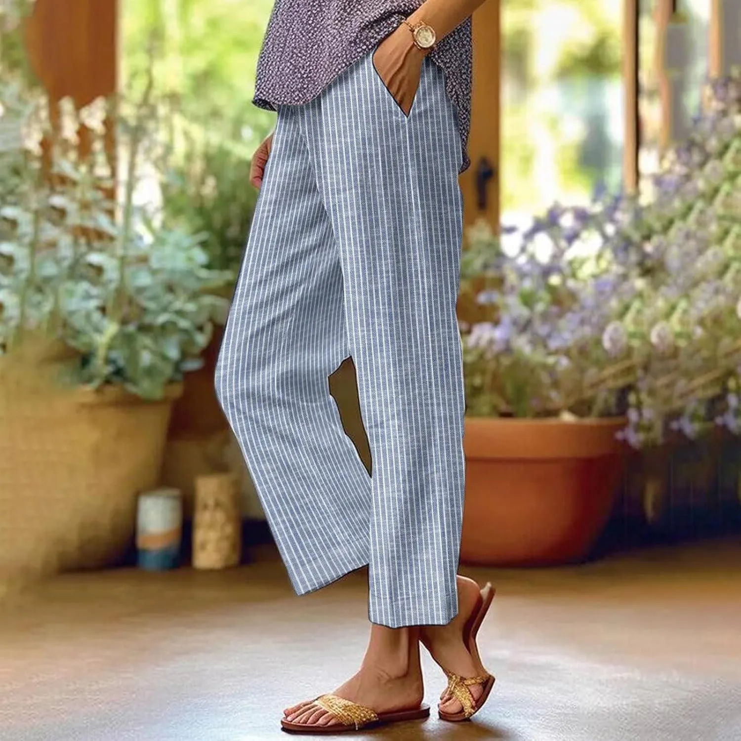 Linen Pants Women Striped Linen Pants Summer 2025 Womens Clothes for Beach Vacation Linen Straight Leg Palazzo Trousers