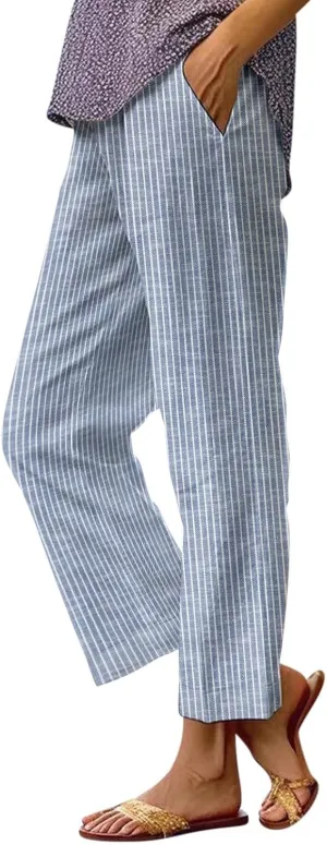 Linen Pants Women Striped Linen Pants Summer 2025 Womens Clothes for Beach Vacation Linen Straight Leg Palazzo Trousers