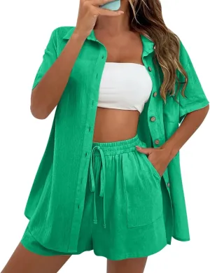 Linen Shorts Sets Women 2 Piece Outfits Linen Button Down Shirt Casual Shorts Matching Sets Boho Summer Beach Outfits