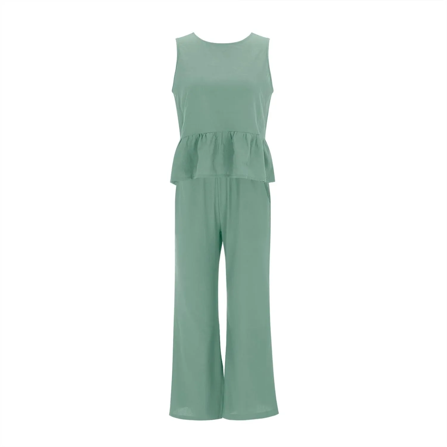 Linen Two Piece Sets for Women Straight Wide Leg Pants Set Short Sleeve T-Shirt Casual Outfits Comfy Loungewear