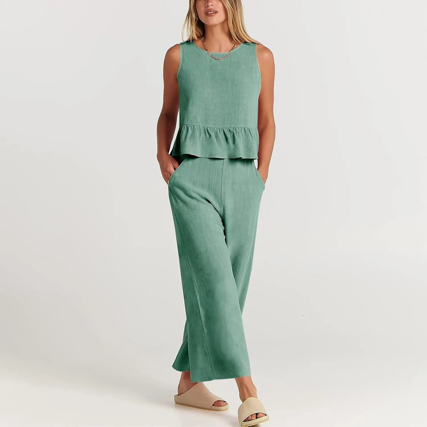 Linen Two Piece Sets for Women Straight Wide Leg Pants Set Short Sleeve T-Shirt Casual Outfits Comfy Loungewear