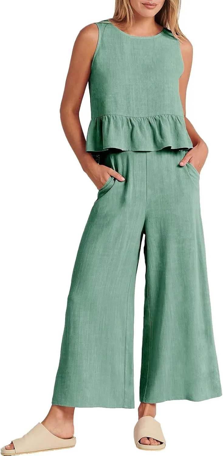 Linen Two Piece Sets for Women Straight Wide Leg Pants Set Short Sleeve T-Shirt Casual Outfits Comfy Loungewear