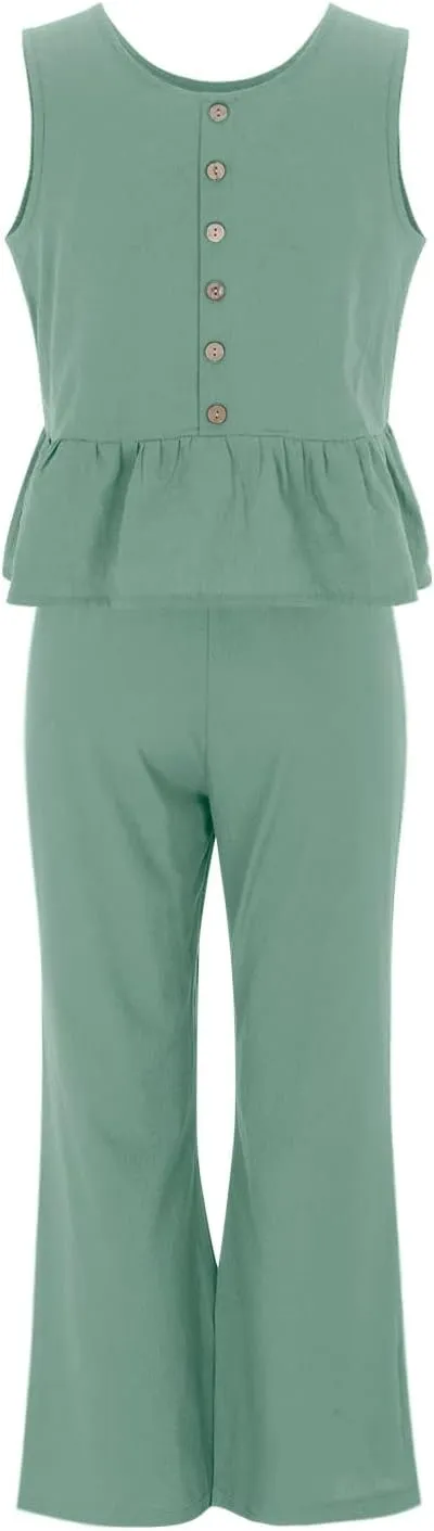 Linen Two Piece Sets for Women Straight Wide Leg Pants Set Short Sleeve T-Shirt Casual Outfits Comfy Loungewear