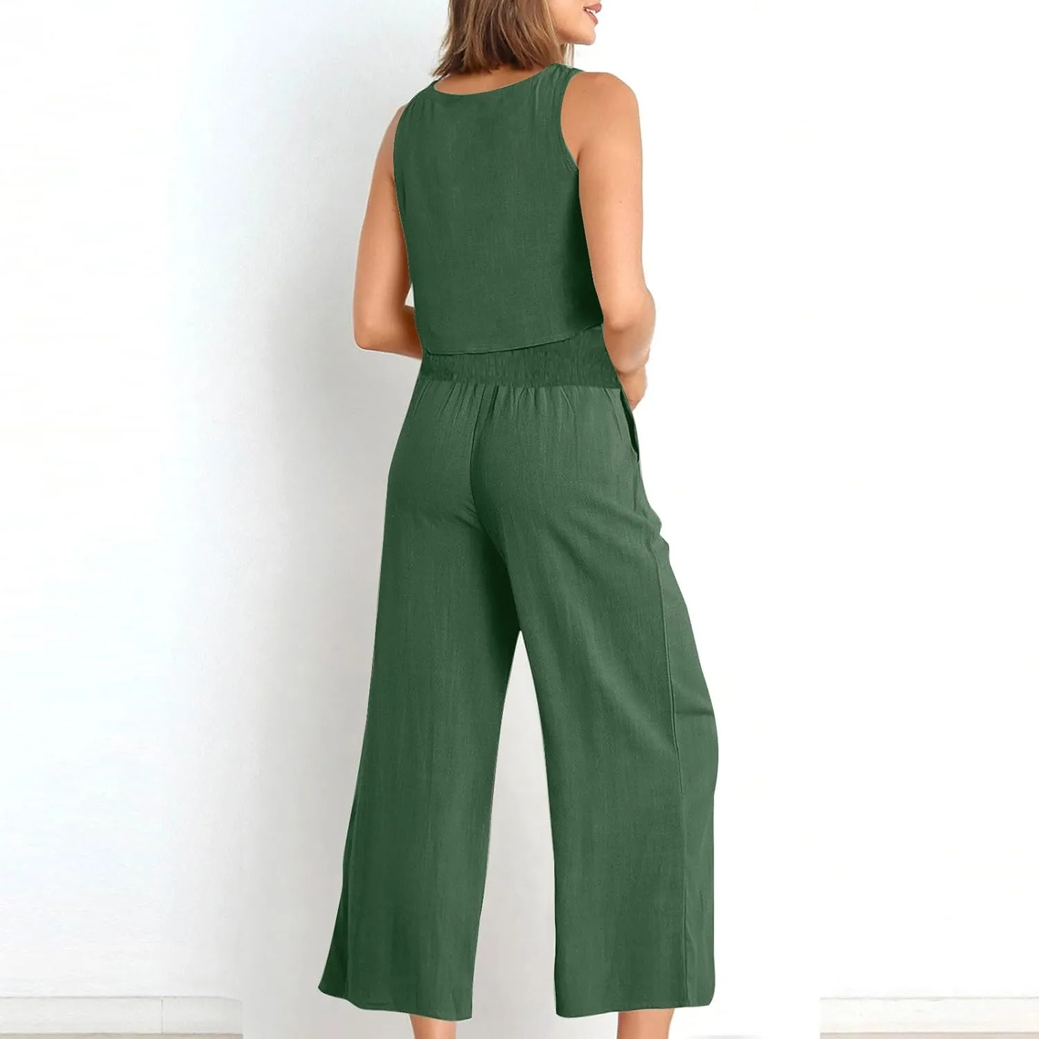 Linen Two Piece Sets For Women Summer 2024 Casual Sleeveless Crop Top & High Waist Wide Leg Matching Lounge Set Outfits