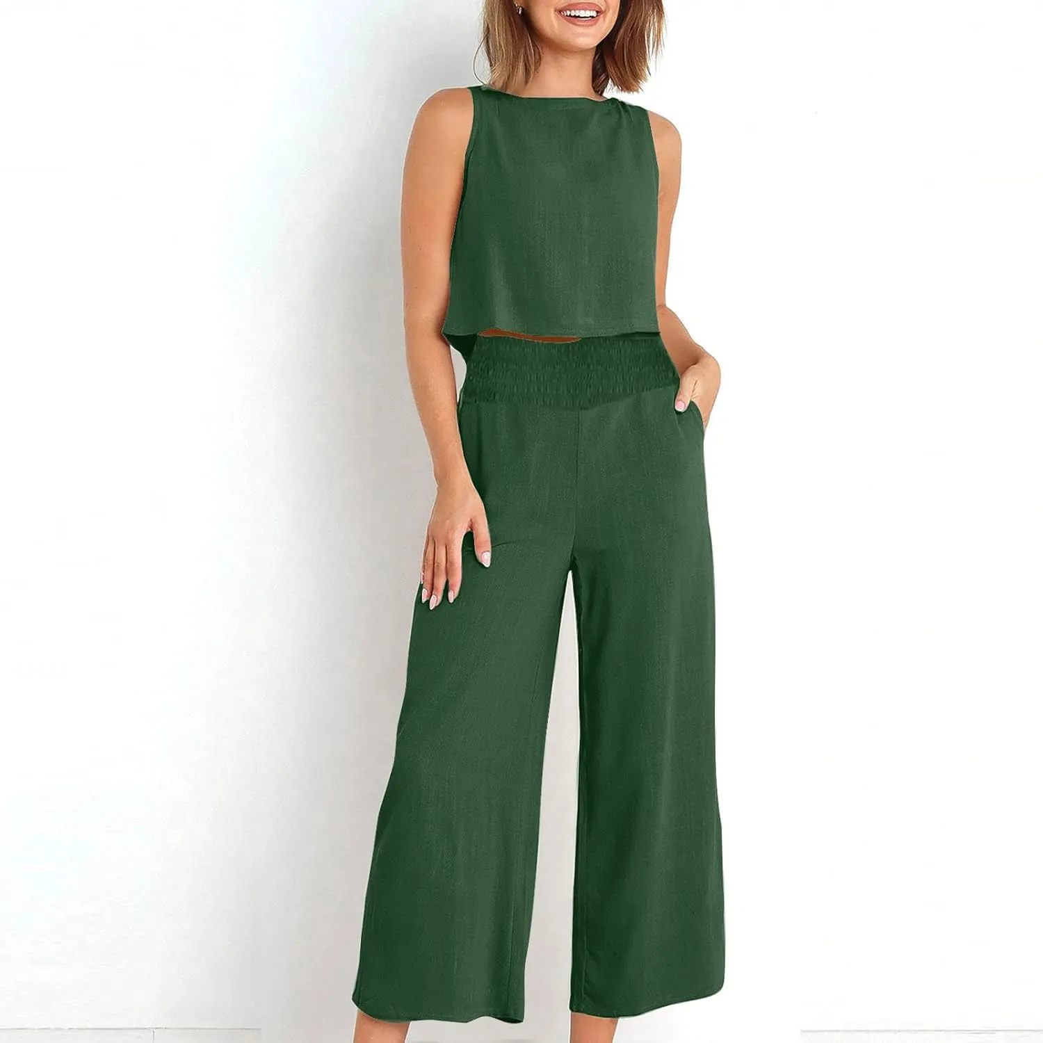 Linen Two Piece Sets For Women Summer 2024 Casual Sleeveless Crop Top & High Waist Wide Leg Matching Lounge Set Outfits