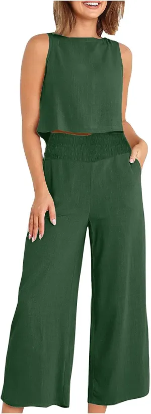 Linen Two Piece Sets For Women Summer 2024 Casual Sleeveless Crop Top & High Waist Wide Leg Matching Lounge Set Outfits