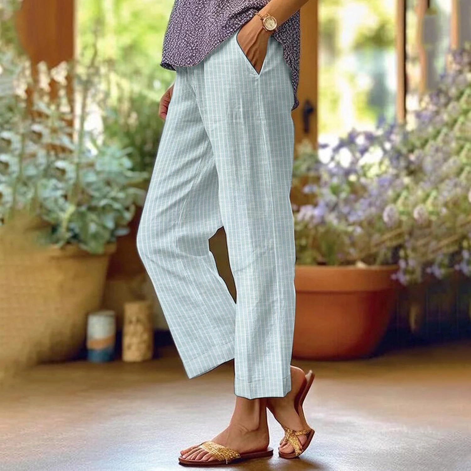 Linen Pants Women Striped Linen Pants Summer 2025 Womens Clothes for Beach Vacation Linen Straight Leg Palazzo Trousers