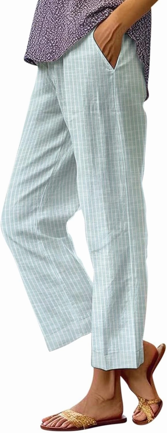 Linen Pants Women Striped Linen Pants Summer 2025 Womens Clothes for Beach Vacation Linen Straight Leg Palazzo Trousers