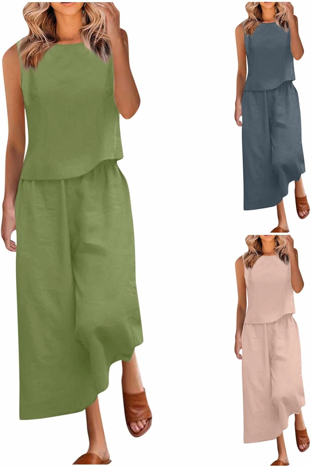 Linen Tops And Wide Leg Capri Pants Set For Women Plus Size Summer Vacation Outfits 2 Piece Matching Lounge Sets