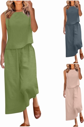 Linen Tops And Wide Leg Capri Pants Set For Women Plus Size Summer Vacation Outfits 2 Piece Matching Lounge Sets