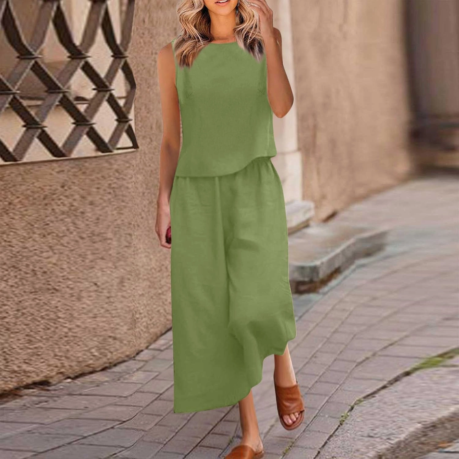 Linen Tops And Wide Leg Capri Pants Set For Women Plus Size Summer Vacation Outfits 2 Piece Matching Lounge Sets