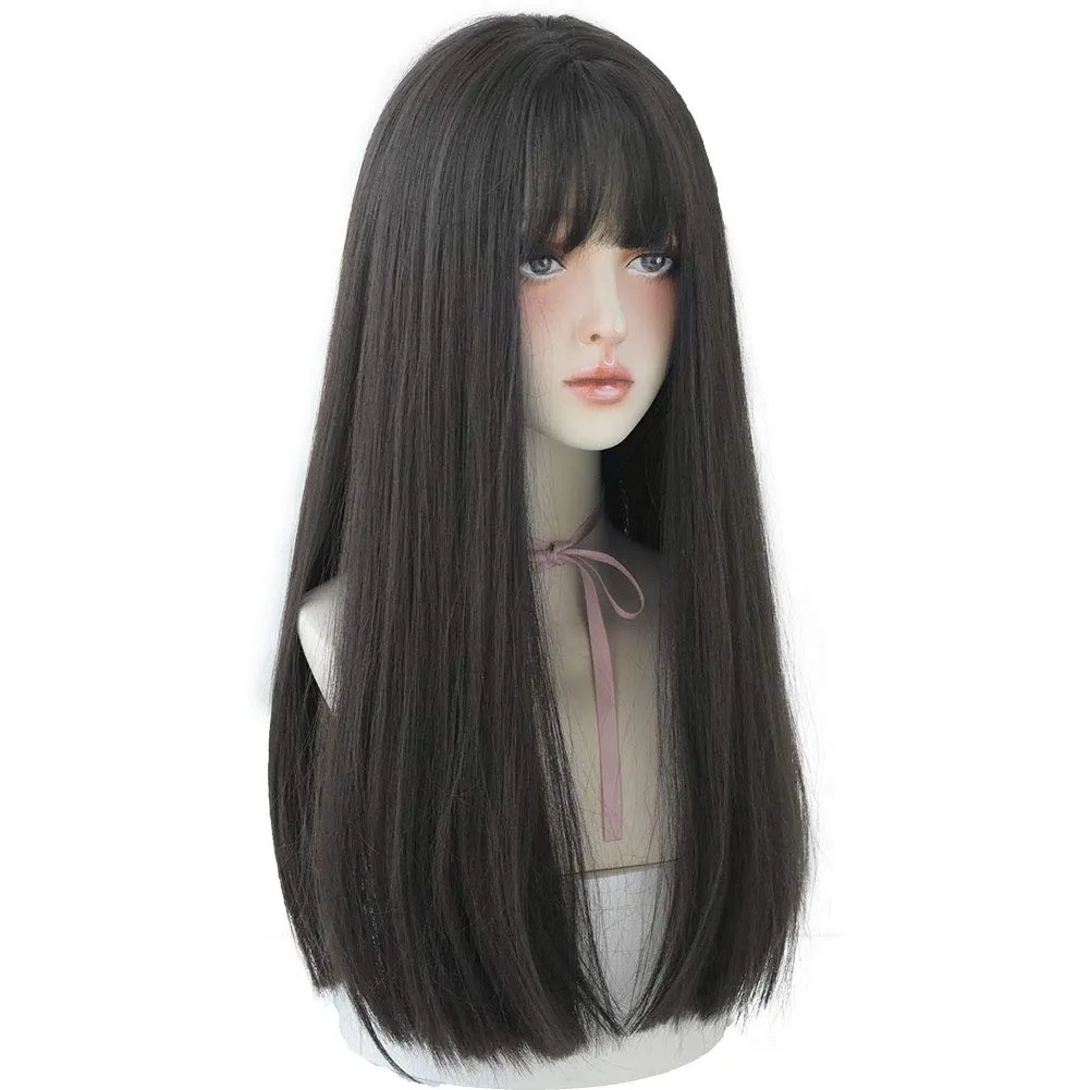 Long Black Straight Wig for Women Natural Synthetic Wig with Bangs Cosplay Wigs (Black tea, 22inch)
