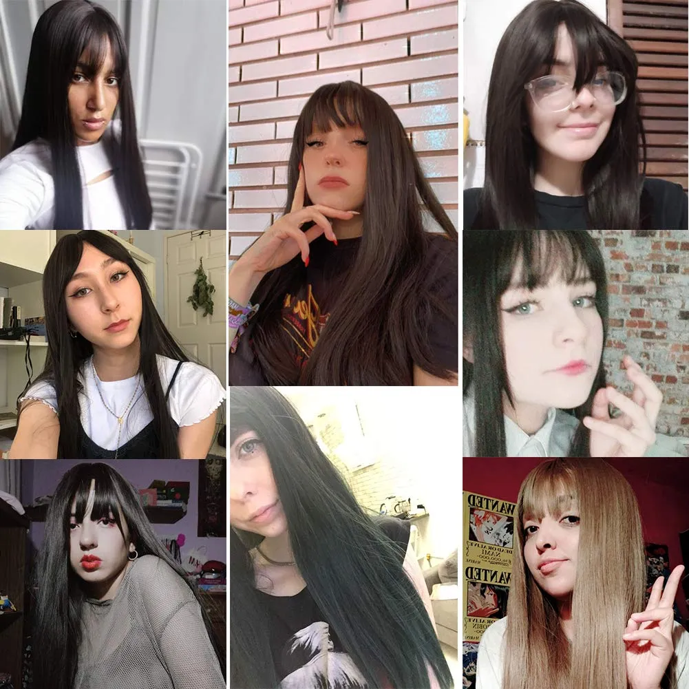 Long Black Straight Wig for Women Natural Synthetic Wig with Bangs Cosplay Wigs (Black tea, 22inch)