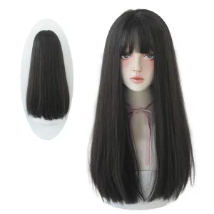 Long Black Straight Wig for Women Natural Synthetic Wig with Bangs Cosplay Wigs (Black tea, 22inch)