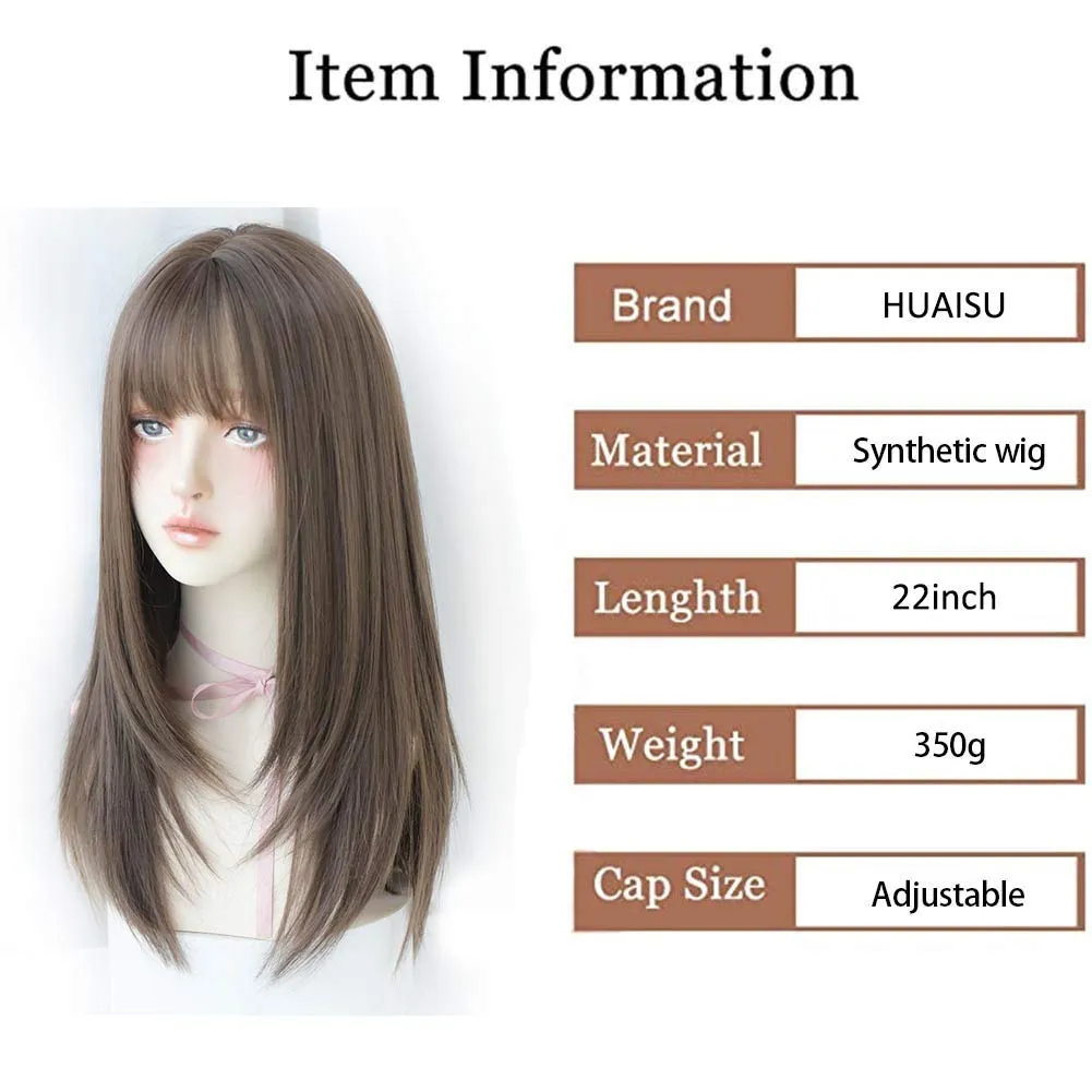 Long Brown Straight Wig with Bangs Synthetic High Density Natural Long Hair Wig for Women Cosplay (Cold Brown, 22inch)